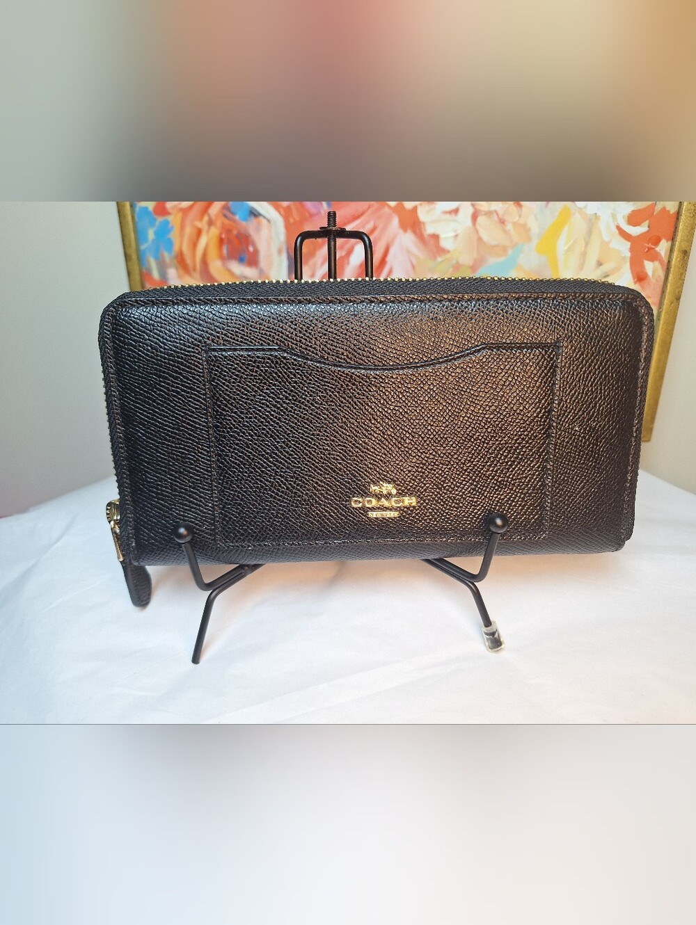 COACH Accordion Zip Wallet Black Crossgrain Leather Front Slip Pocket 54007 EUC